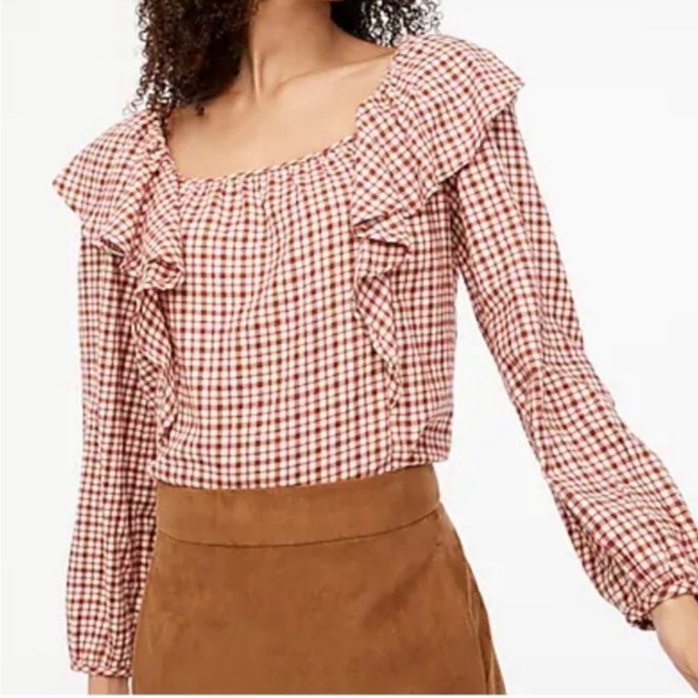 J. Crew Plaid Cotton Flannel Square Neck Ruffle Top NWT